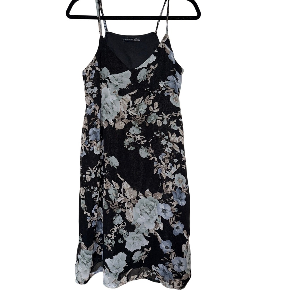 BLACK TAPE Floral Print Cami Dress Black Blue Rose Midi Women's Size S